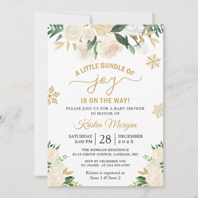 Invitation Petit ensemble de Joy Gold Baby shower Floral (Devant)