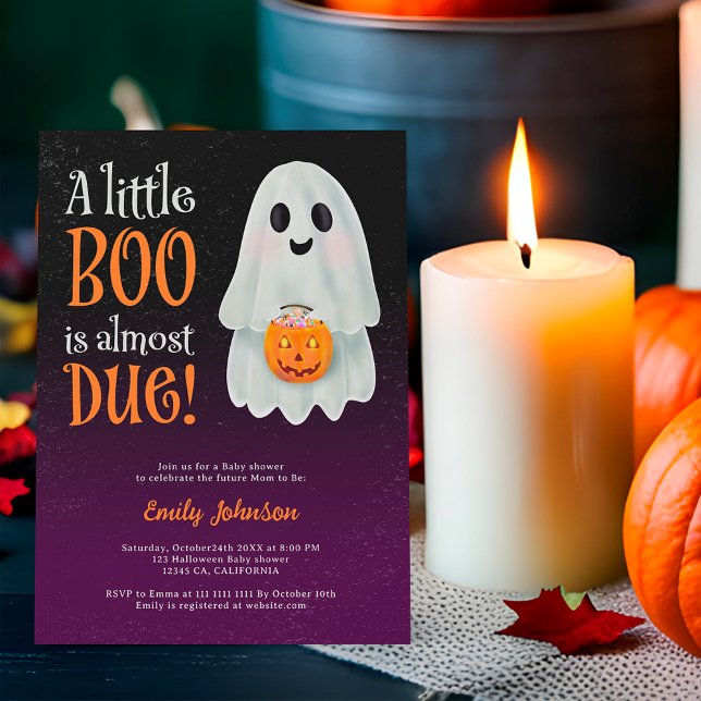 Invitation Petit fantôme citrouille Halloween baby shower (Little boo ghost pumpkin Halloween baby shower Invitation on purple)