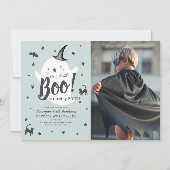 Invitation Petit fantôme de Boo Halloween bleu photo d'annive (Devant)