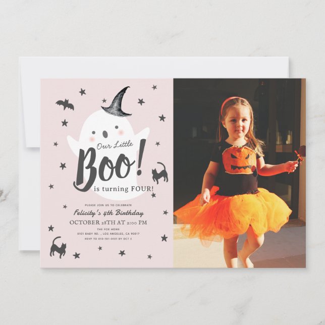 Invitation Petit fantôme de Boo Halloween rose photo d'annive (Devant)