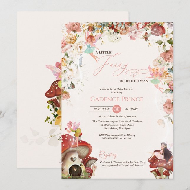Invitation Petit Fée Floral Garden Bébé Fille Douche (Devant / Derrière)
