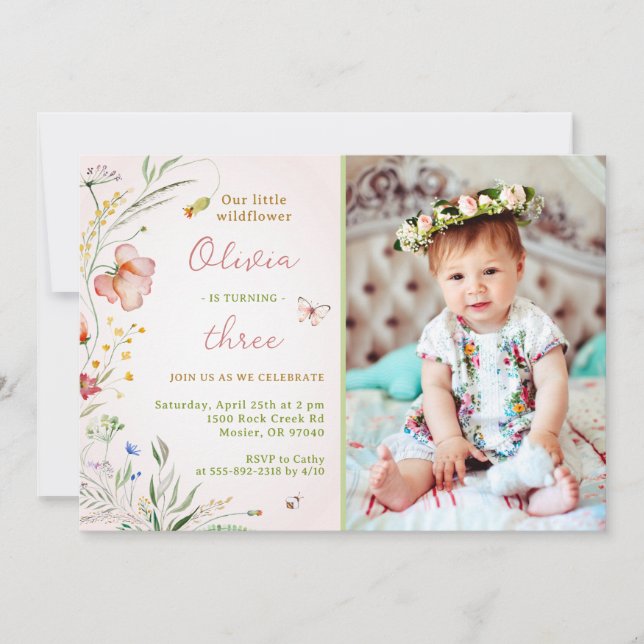 Invitation Petit Fleur sauvage Floral Baby Girl Photo Anniver (Devant)