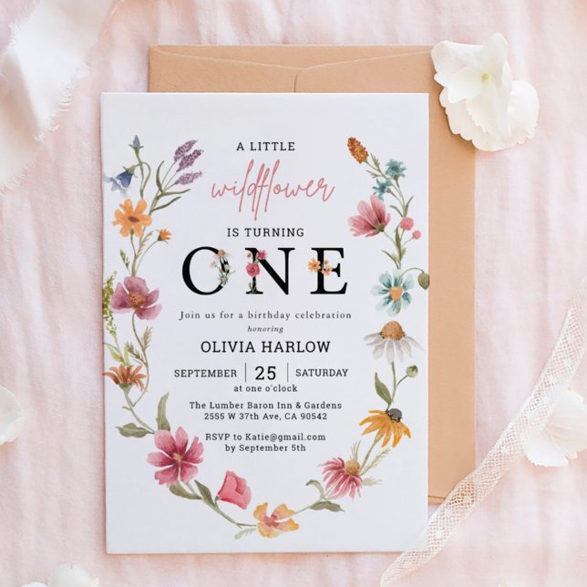 Invitation Petit Fleur sauvage Floral Girl premier anniversai (Créateur téléchargé)
