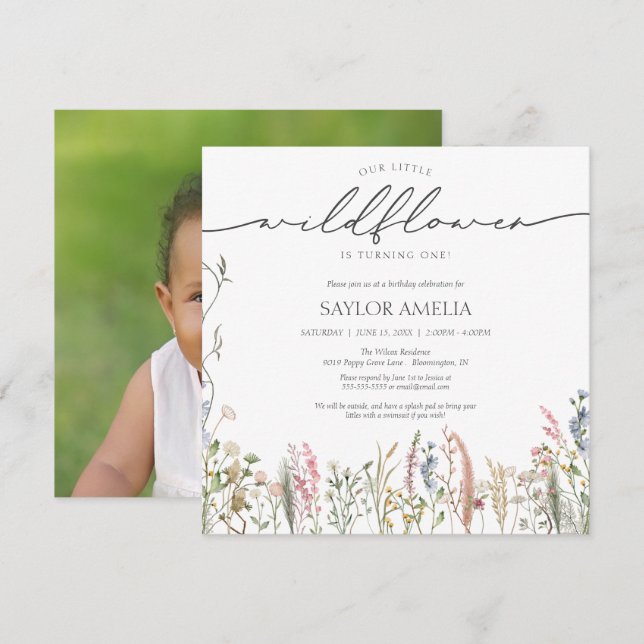 Invitation Petit Fleur sauvage Floral photo d'anniversaire (Devant / Derrière)
