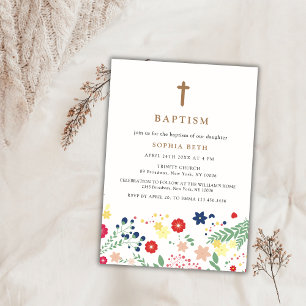 Invitation Petit Fleur sauvage moderne Croix Motif Baptême
