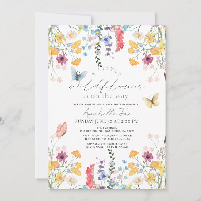 Invitation Petit Fleur sauvage Papillon Baby shower fille (Devant)