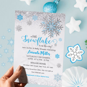 Invitation Petit flocon de neige bleu argenté pailleté Baby S