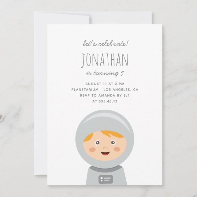 Invitation Petit garçon astronaute. Fête d'anniversaire pour  (Devant)
