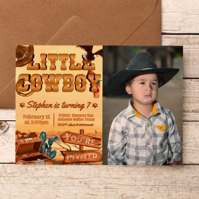 Invitation Petit garçon avec photo (Little Cowboy -  Boy Birthday Landscape Invitation with Picture)