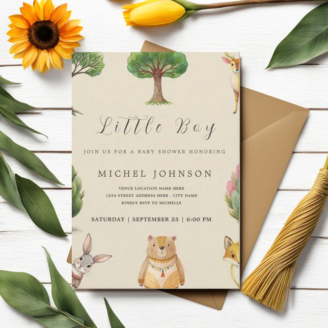 Invitation Petit garçon Boho Baby shower d'animaux de bois Bo (Créateur téléchargé)