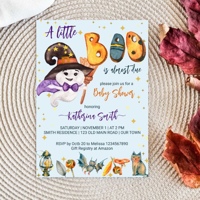 Invitation Petit garçon Halloween mignon baby shower fantôme  (Little boo Halloween baby shower template invitation instant download cute baby ghost with a hat cat)