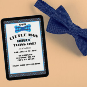 Invitation Petit garçon, nœud papillon bleu noir pour 1er ann