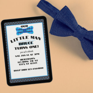 Invitation Petit garçon, nœud papillon bleu noir pour 1er ann