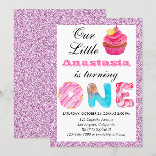Invitation Petit gâteau rose lilas paillettes 1er anniversair