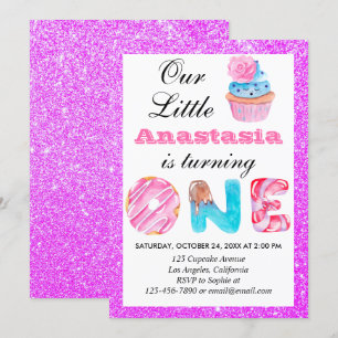 Invitation Petit Gâteau Violet Pailleté 1er Anniversaire