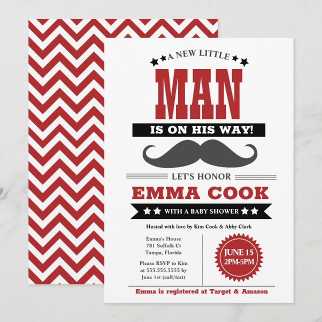 Invitation Petit Homme Mustache Bash Boy Baby shower (Devant / Derrière)