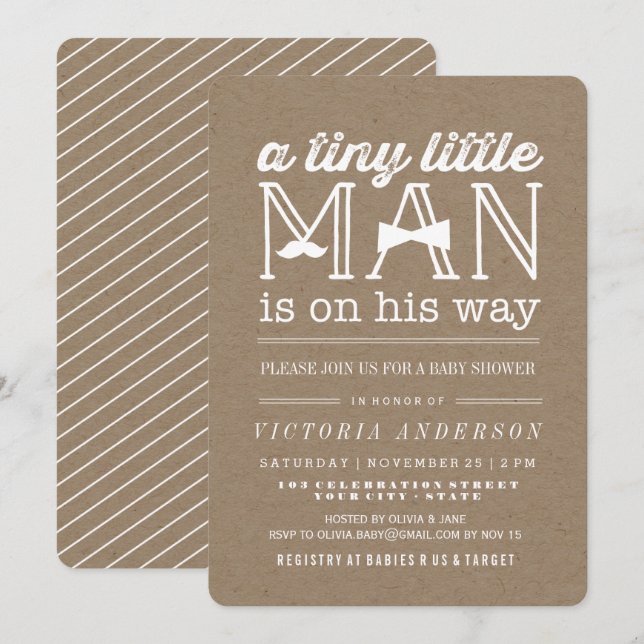 Invitation Petit Homme Mustache Bow Cravate Rustic Bow Baby s (Devant / Derrière)