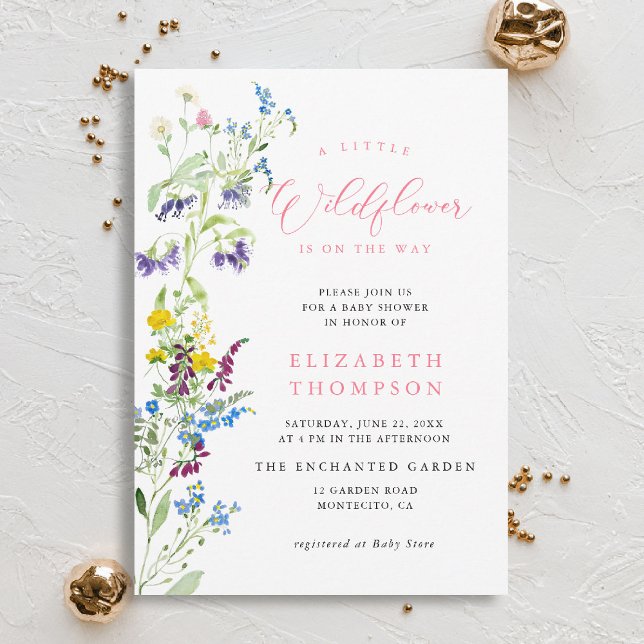 Invitation Petit Jardin Fleur sauvage Baby shower fille rose (wildflowers baby shower invitation little garden elegant pink watercolor modern calligraphy)