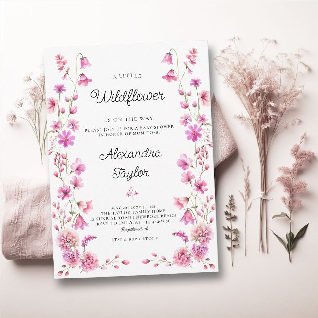 Invitation Petit Jardin Fleur sauvage Chaud rose bébé fille D (little wildflower baby girl shower invitation cottage garden watercolor pink fuchsia tiny flowers)
