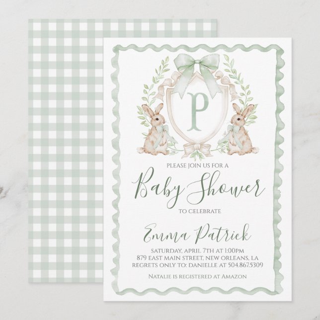 Invitation Petit lapin Baby shower de lapin Preppy Sage Green (Devant / Derrière)