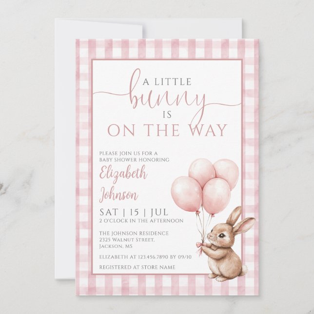 Invitation Petit Lapin Baby shower Fille Rose Tout En Un (Devant)