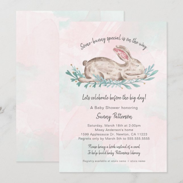 Invitation Petit lapin baby shower spécial livre pour fille (Devant / Derrière)