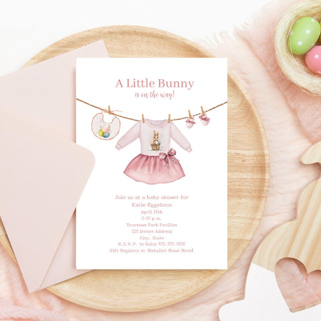 Invitation Petit lapin Baby shower Vêtements de Fille Rose Pâ (Créateur téléchargé)