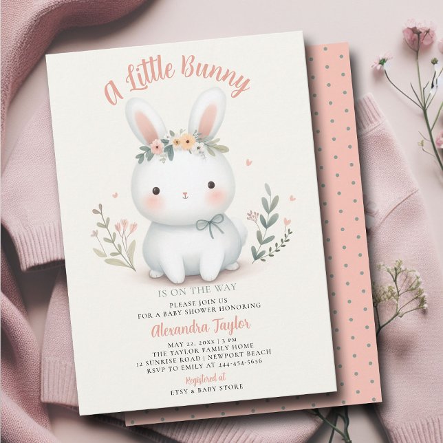 Invitation Petit Lapin Fleur sauvage mignon bébé fille douche (a little bunny baby girl shower invitation springtime easter garden picnic wildflowers calligraphy)