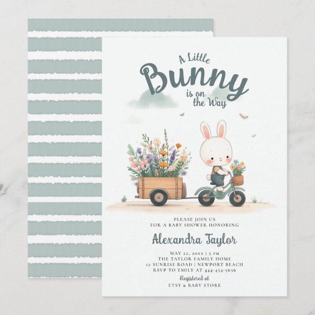 Invitation Petit Lapin Fleur sauvage Wagon Bleu Baby Boy Douc (Devant / Derrière)