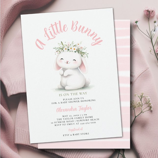 Invitation Petit Lapin Fleurs sauvages Wreath Baby Girl Douch (a little bunny baby girl shower invitation springtime easter garden picnic wildflowers calligraphy )