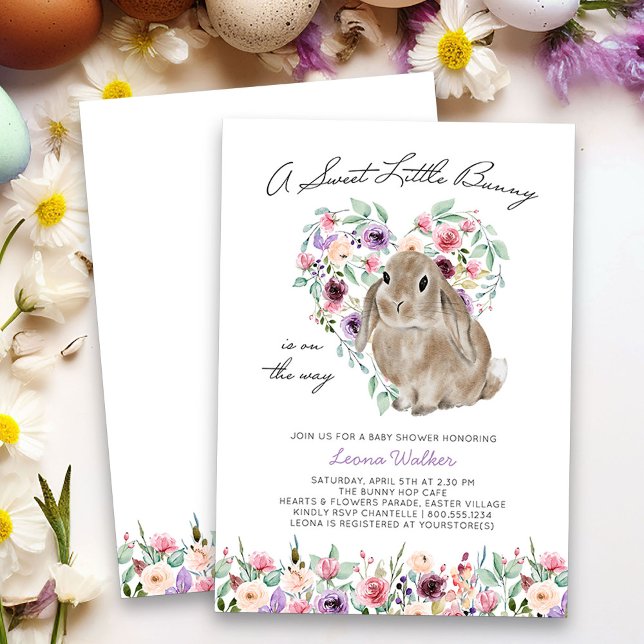 Invitation Petit Lapin Floral Amour Baby shower Coeur (Sweet Little Bunny Invitation from my Little Bunny & Little Lamb Baby Shower collection)
