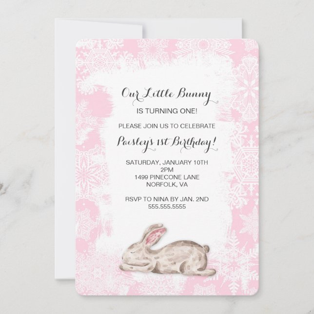 Invitation Petit Lapin Neige Hiver Anniversaire Fête Invitati (Devant)