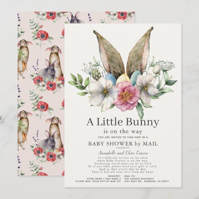 Invitation Petit lapin oreille Baby shower rose floral par co (Devant / Derrière)
