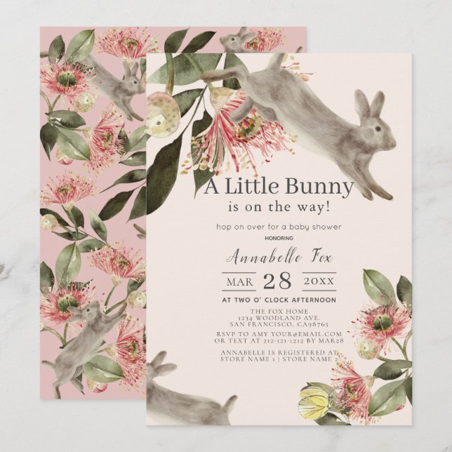 Invitation Petit lapin rose Baby shower Floral fille (Devant / Derrière)