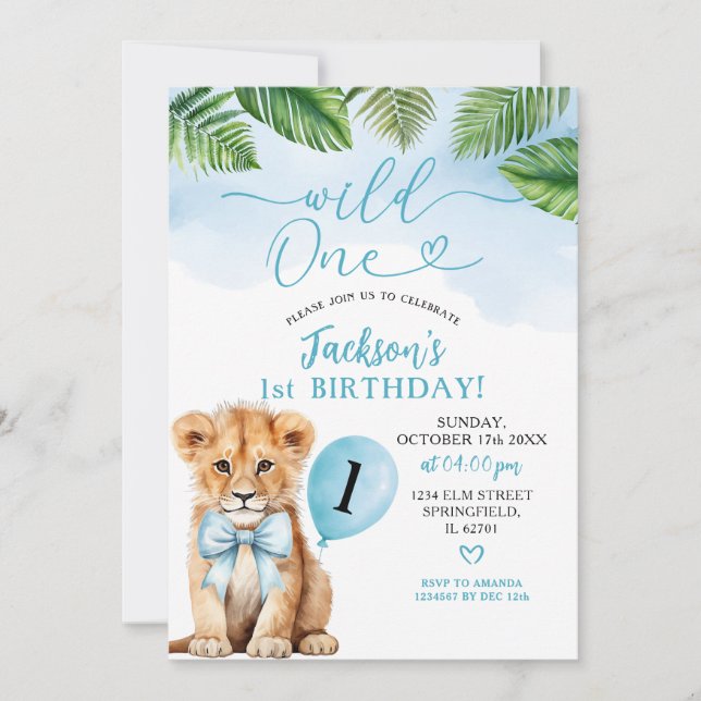 Invitation Petit lion avec Blue Bow Safari Wild Un Anniversai (Devant)
