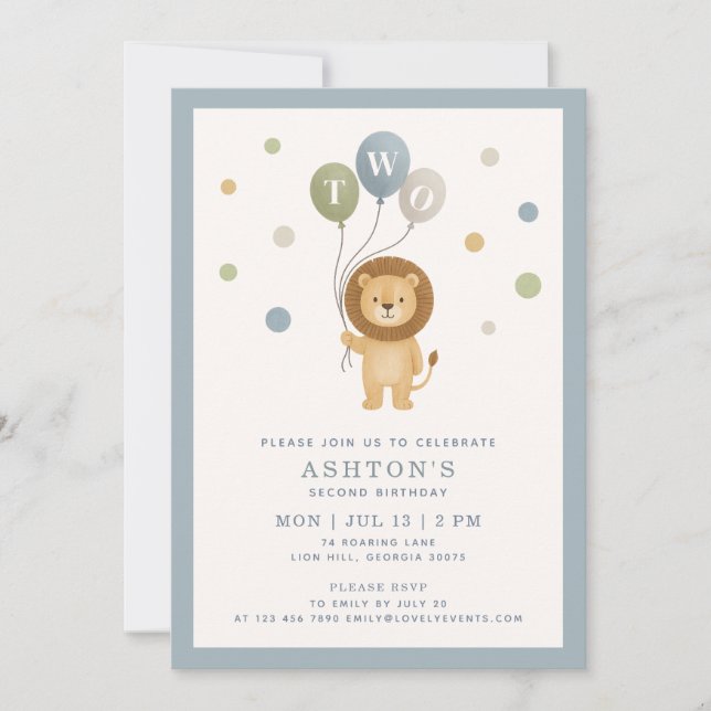 Invitation Petit Lion & Confetti, cadre bleu Enfant Anniversa (Devant)