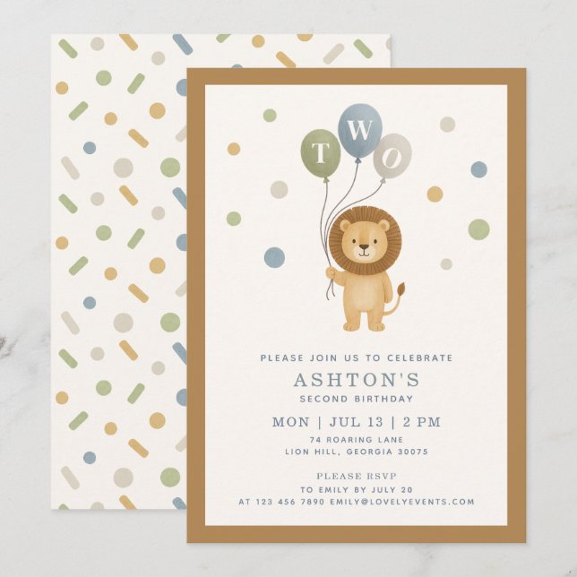 Invitation Petit Lion & Confetti, cadre marron Enfant Anniver (Devant / Derrière)