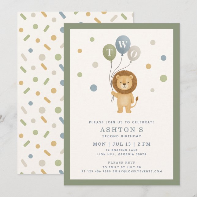 Invitation Petit Lion & Confetti, cadre vert Enfant Anniversa (Devant / Derrière)
