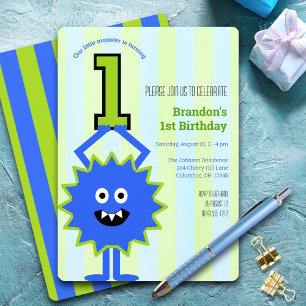 Invitation Petit monstre 1er anniversaire garçon rayures bleu