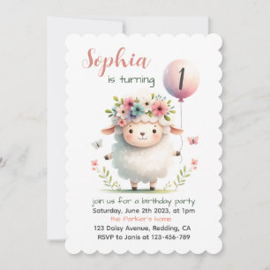 Invitation Petit mouton avec ballon - personnalisable