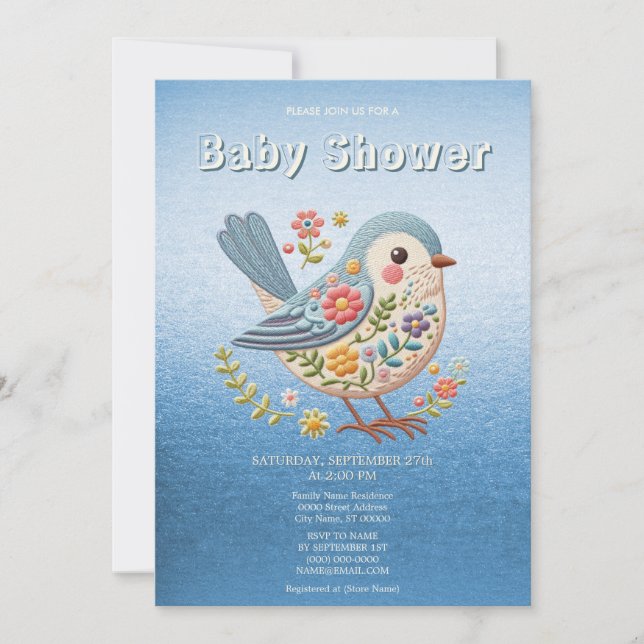 Invitation Petit Oiseau Floral Broderie Baby shower bleu Inv (Devant)