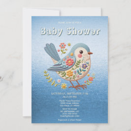 Invitation Petit Oiseau Floral Broderie Baby shower bleu Inv