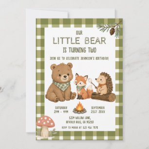 Invitation Petit ours animaux gingham vert anniversaire 