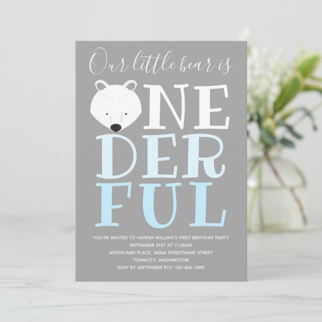 Invitation Petit Ours Polaire Merveilleux Un 1er Anniversaire (Debout devant)