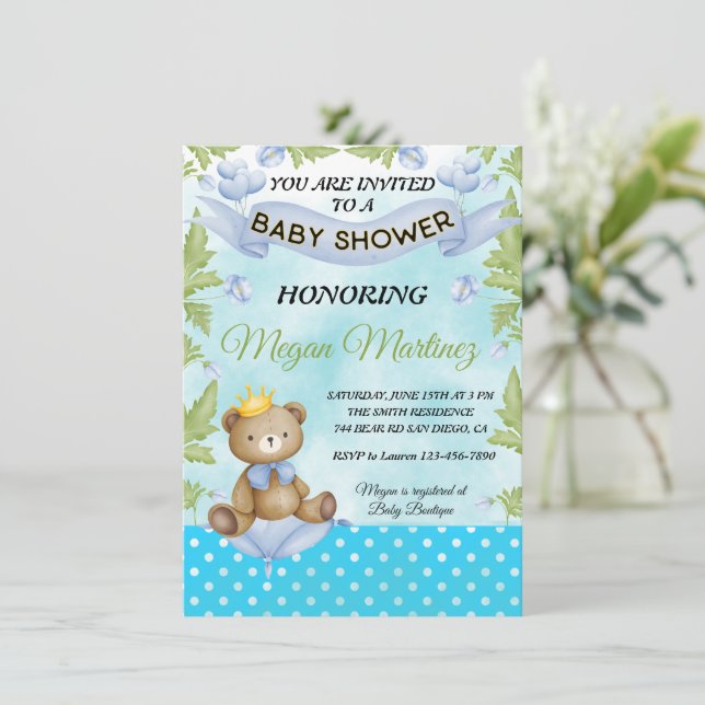 Invitation petit ours prince bleu Flower boy baby shower (Debout devant)