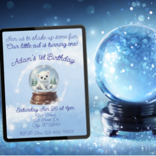 Invitation Petit Ourson Un, Ours Polaire Boule à Neige Annive