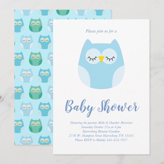 Invitation Petit Owl Baby shower Bleu Bird Boy (Devant / Derrière)