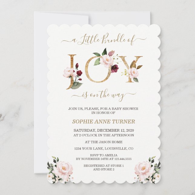 Invitation Petit Pack D'Or Joy Baby shower Floral Rose (Devant)