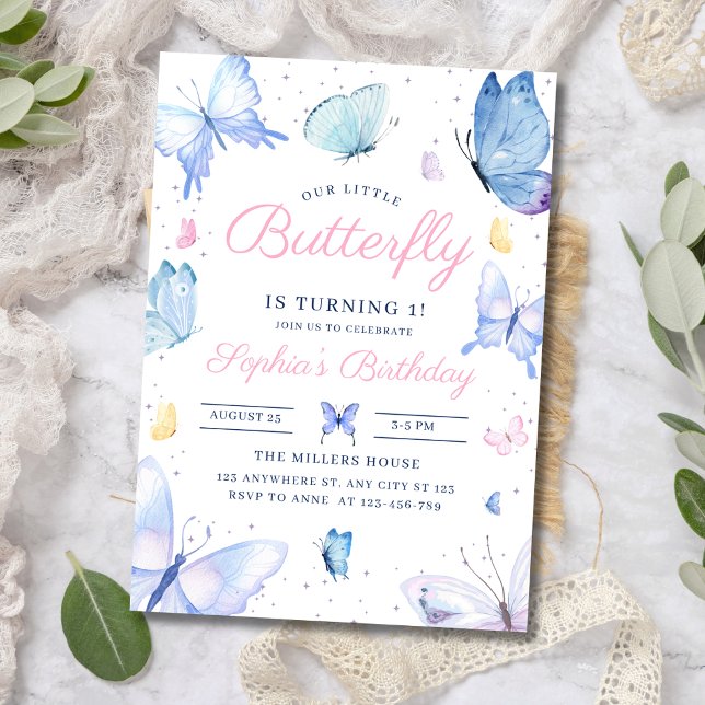 Invitation Petit Papillon 1er Anniversaire Papillon pourpre (Créateur téléchargé)
