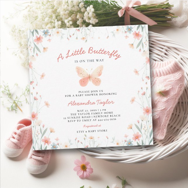 Invitation Petit Papillon corail Turquoise mignon fille Baby  (little butterfly baby girl shower invitation cottage garden watercolor coral pink wildflowers boho)
